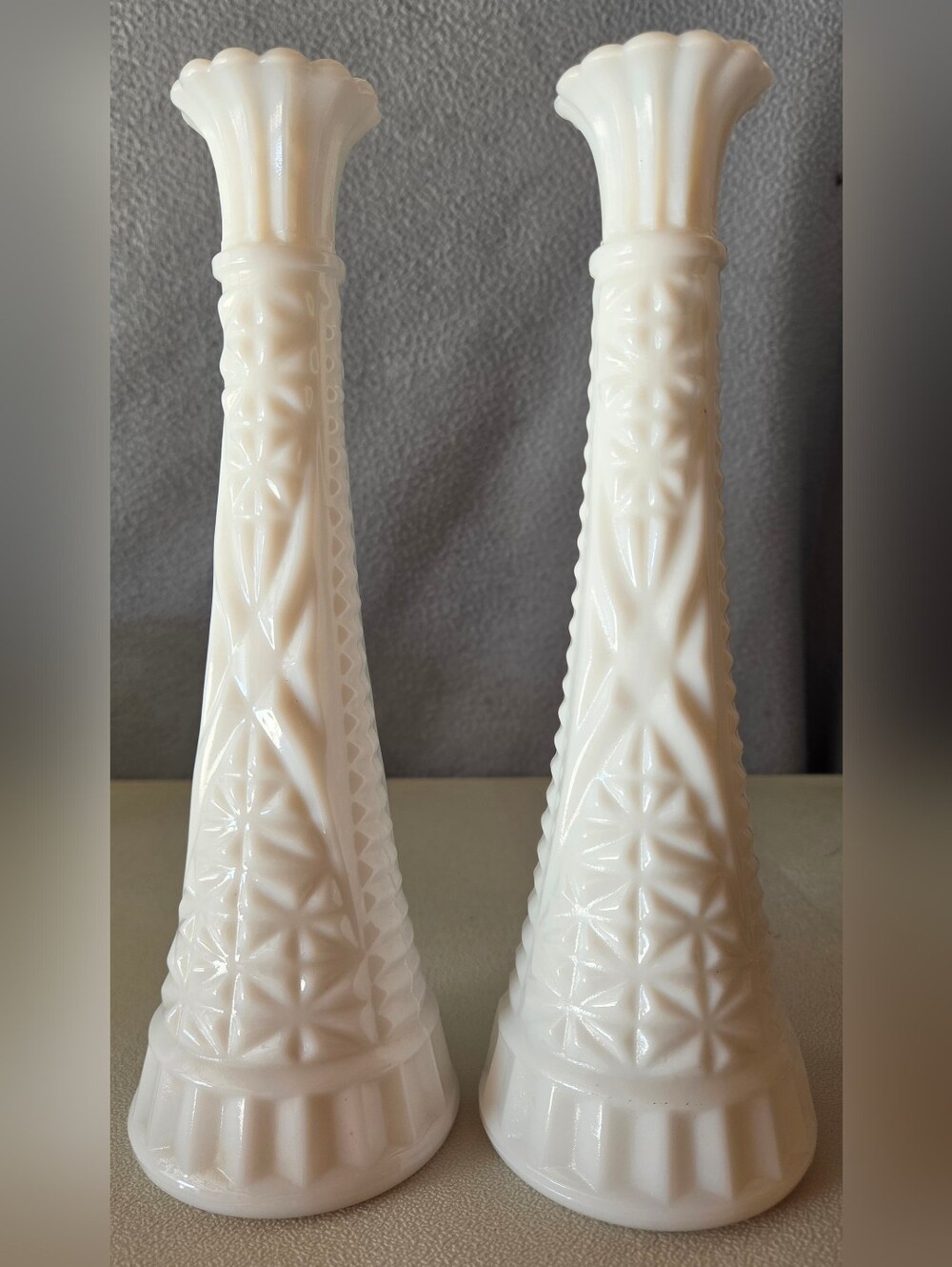 Anchor Hocking Vintage White Milk Glass Embossed Vase Pair